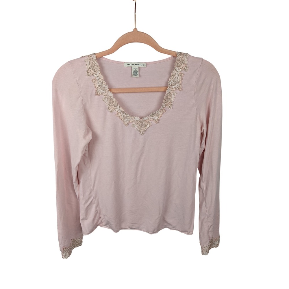 Banana Republic Pink Lace Trim V-Neck Long Sleeve Baby Doll Top Y2K Small